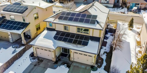 Fototapeta premium A house with installed solar panels on the roof in winter, covered with snow. Electrical production in winter, generation problems and panel care