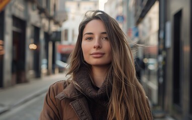 Fototapeta premium A woman with long brown hair is standing on a city street. She is wearing a brown coat and scarf