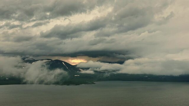 Aerial view of largest Paravani lake in Georgia, Samtskhe-Javakheti region. drone shot captures the stunning volcanic landscape, also known as Georgian Arctic.