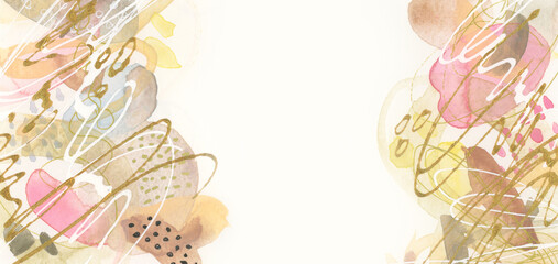 Art Watercolor and Acrylic smear blot with pencil, oil pastel line scribble elements. Abstract texture beige and gold color stain background.