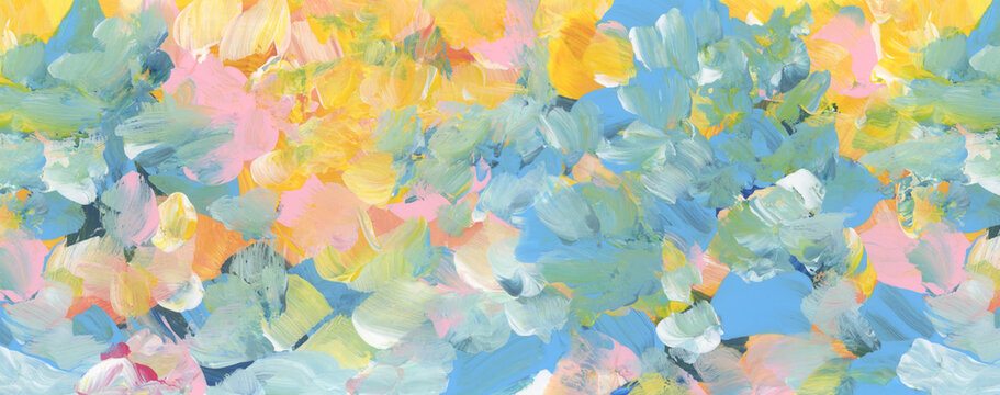 Art Watercolor and Acrylic smear flower blot painting. Abstract texture pastel color stain horizontal long background.