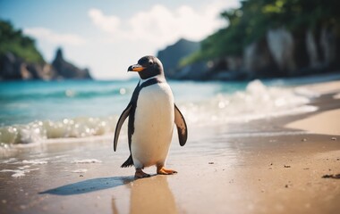 Fototapeta premium Beach Encounter: A Gentoo Penguin Gracing the Sandy Eve