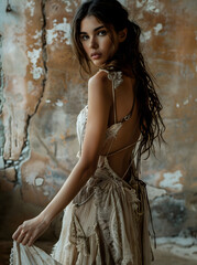 Fototapeta premium Portrait of a woman in a dress. Ruins of walls.
