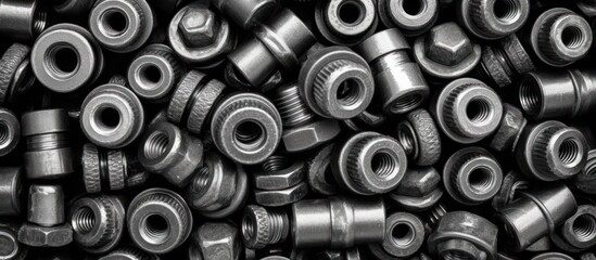 Screws and nuts background. Black and White Image.