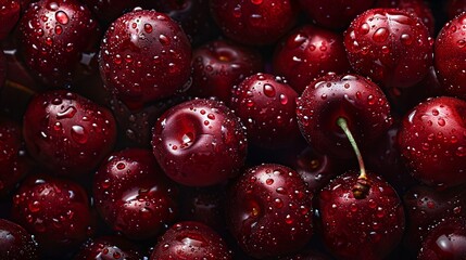Close-Up of Fresh Juicy Red Cherries with Water Droplets, Generative AI