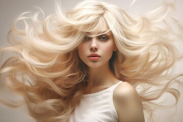 Fototapeta premium Captivating portrait of a woman with voluminous blonde hair in motion