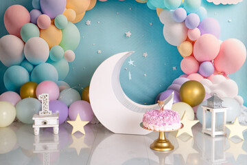 birthday background with moon and pink cake