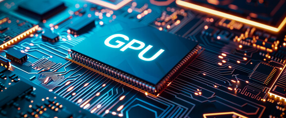 closeup view on GPU chip, computing, and artificial intelligence technology, AI supercomputer in the style of modern technology
