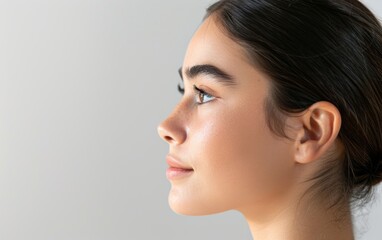 Fototapeta premium A woman with a beautiful face and a smile. She has a nice nose and a nice smile