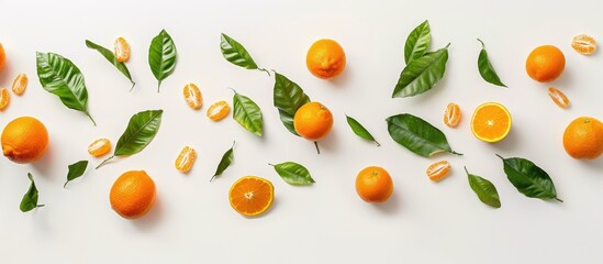 Isolated Orange Fruit with Leaves Flying in the Air on a White Background