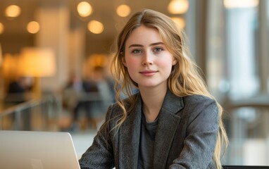Fototapeta premium A woman with blonde hair is sitting at a table with a laptop. She is wearing a black jacket and a gray shirt