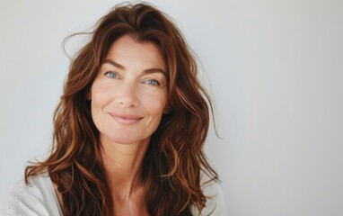 Fototapeta premium A woman with long brown hair and a smile on her face. She is wearing a white shirt