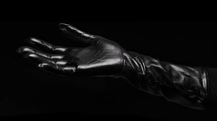 Naklejka premium Black gloved hand displaying item on dark backdrop Isolated with path