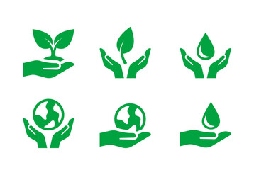 Set Of Ecology Icons Featuring Hands Holding Plant, Leaf, Water Drop, And Earth Symbols. Vector Design Elements