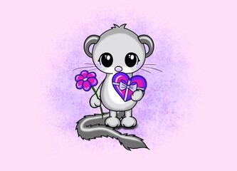 cute mouse with present and flower gift gratulation