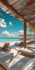 Obraz premium Idyllic resort with sunshade-covered chairs on sandy shore, tropical island seascape, and palm trees.