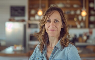 A woman with long brown hair is smiling in front of a kitchen. She is wearing a blue shirt and a necklace