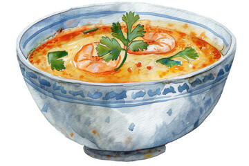 Thai food Tom Yum Kung watercolor illustration white background