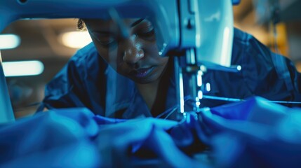 Seamstress uses sewing machine to stitch blue fabric while one hand is visible