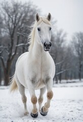 Winter's Grace: Solo White Horse Trekking the Snow