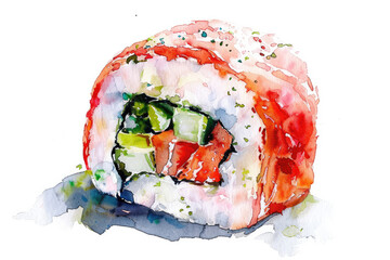 Sushi, watercolor painting, white background