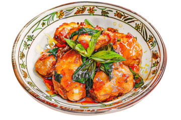 Thai food, fried fish, watercolor illustration, white background