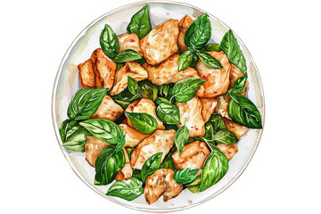 Thai food, stir-fried basil, watercolor illustration, white background