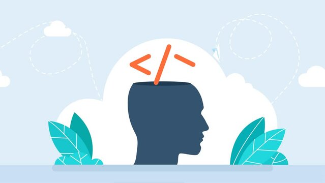 Human head silhouette with programming icon inside. Web programming concept. Machine learning or innovation technology, a graphic of AI head with programming script. 2d flat animation. Bright cartoon