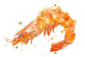 Thai food, fried shrimp, watercolor picture, white background