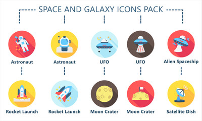 Space and Galaxy rounded multi color icons pack, related to education and technology theme. use for modern concept, web and app development. vector EPS 10.