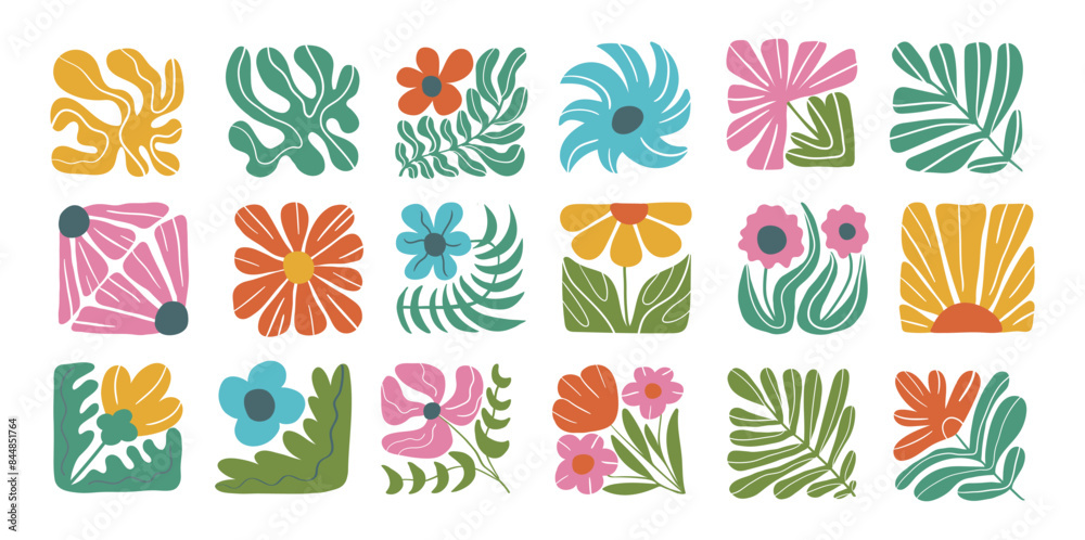 Wall mural set of abstract groovy floral botanical square shape. poster with wavy minimal flower plant in trend