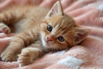 A cute ginger kitten lying on a pink blanket, looking at the camera with a cute and curious expression. National Kitten Day.