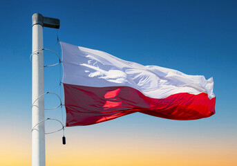 National state flag of Poland and stormy sunset sky