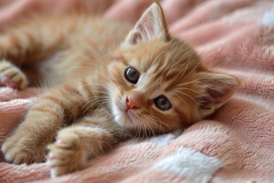 A cute ginger kitten lying on a pink blanket, looking at the camera with a cute and curious expression. National Kitten Day.