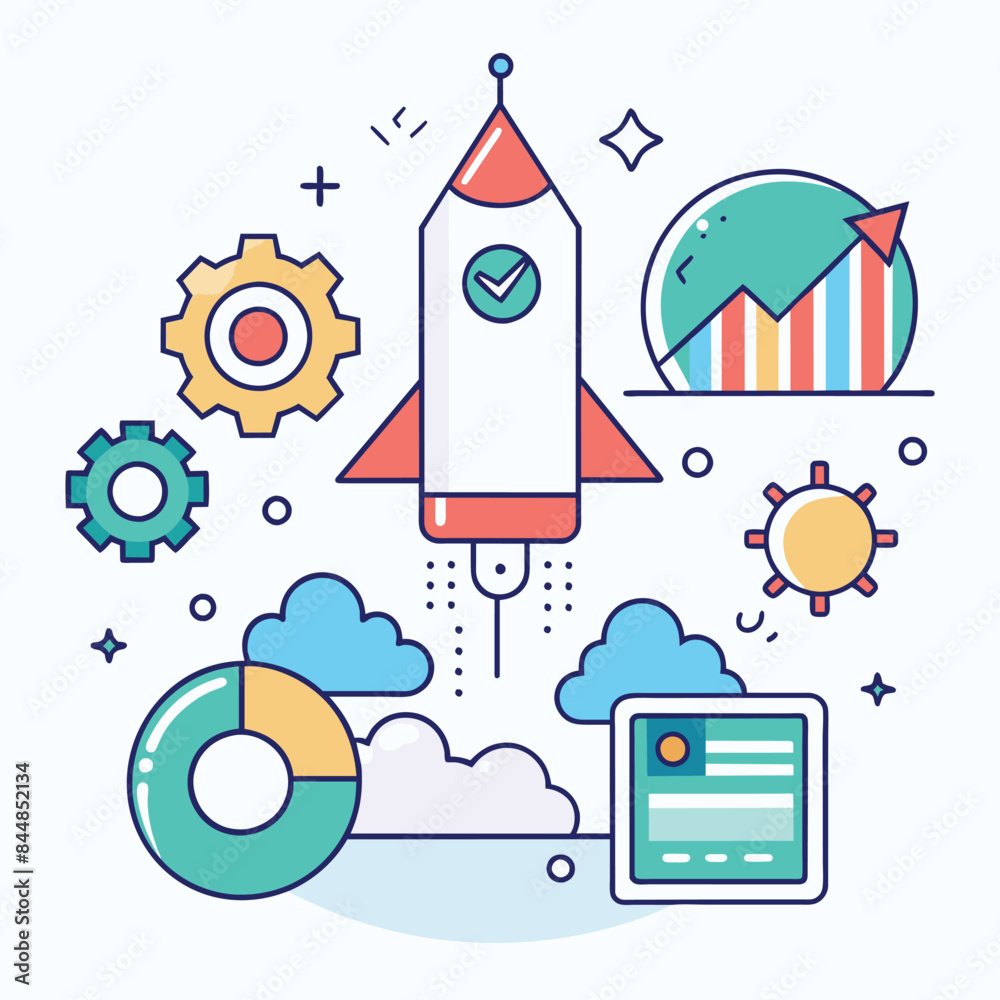 Poster minimalist icon depicting simple efficient rocket launch with charts and gears, a minimalist icon re