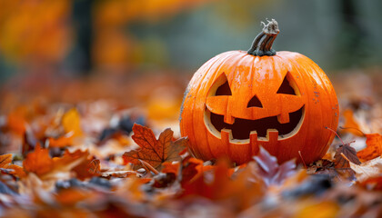 Spooky Jack-o'-lantern Amidst Colorful Autumn Leaves. Detailed Halloween Pumpkin in Vibrant Fall Setting. Concept for Halloween Decorations.