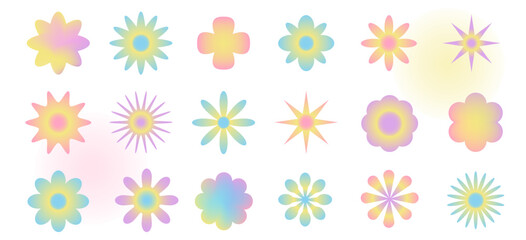 Set of gradient flower shapes with blend aura. Geometric plant with radial gradient.