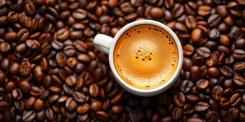 Fototapeta premium A cup of freshly brewed espresso coffee surrounded by beans, aroma, and rich crema