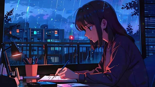A Lofi Girl with her pat lofi landscape glow, love passion 2D Japanese Purple fantasy color manga Anime style 4K Seamless loop hip-hop chill vibes Relaxing music lofi bites vaporwave animation