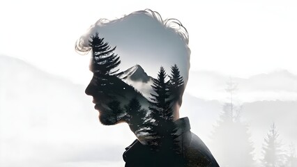 Fototapeta premium Silhouette of a young man, double exposure, with mountains and trees