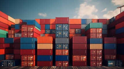 Fototapeta premium Stacked colorful shipping containers in industrial yard.