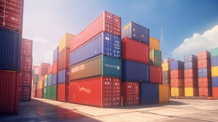 Fototapeta premium Stacked colorful shipping containers in industrial yard.