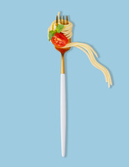 Spaghetti on a fork with a piece of tomato, sauce and basil on a blue  background.