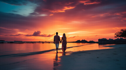 Obraz premium Couple on the beach with beautiful sunset in background. Silhouette of couple on the beach