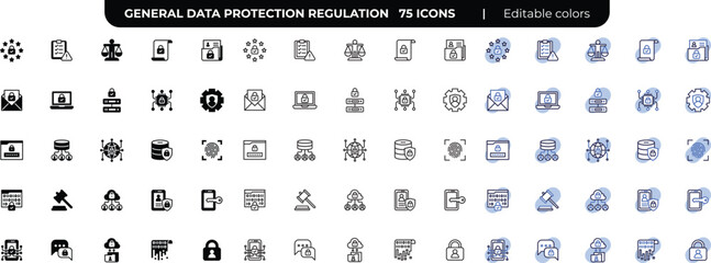 General Data Protection Regulation 75 icons, transfer data, communication, system protection, personal device, data protection, User preference. Flat icon collection.