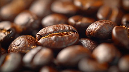 Close up of roasted brown coffee beans with a rich aroma, perfect beverage for a morning caffeine boost