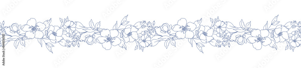 Wall mural Floral seamless border with blooming branches, leaves and flowers. Hand drawn botanical pattern in line art style, beautiful flower garland. Vector illustration