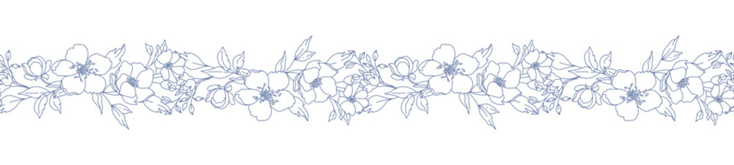 Floral seamless border with blooming branches, leaves and flowers. Hand drawn botanical pattern in line art style, beautiful flower garland. Vector illustration © Feodora_21