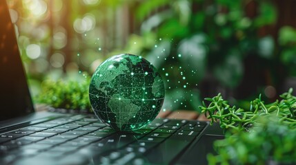 Digital Sustainability and Green Business Concept: A Green Globe and Stock Chart Displayed on a Laptop Screen