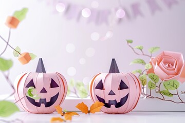 Festive background with a pumpkin for the Halloween holiday in the style of paper cut art origami